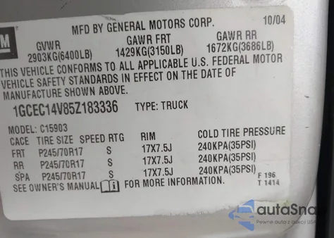 2005 Chevrolet Silverado 1500 Work Truck from USA, damaged, VIN 1GCEC14V85Z183336